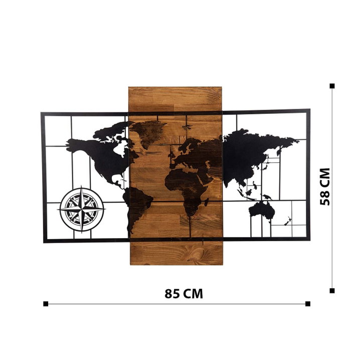 Wallity World Map With Compass Negro y Nogal